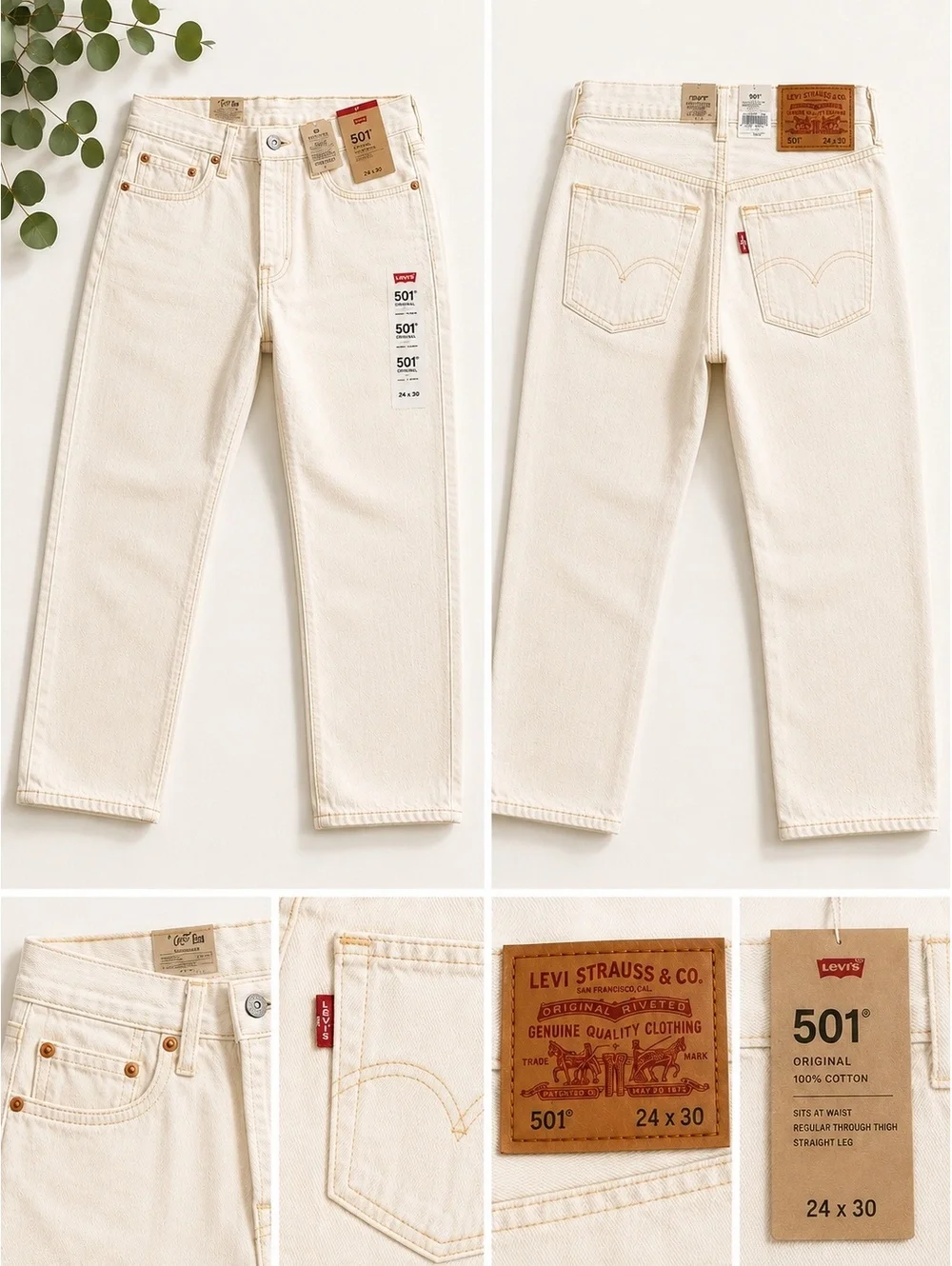Levi's 501 Original Straight Leg Jeans in Cream, Size 24x30